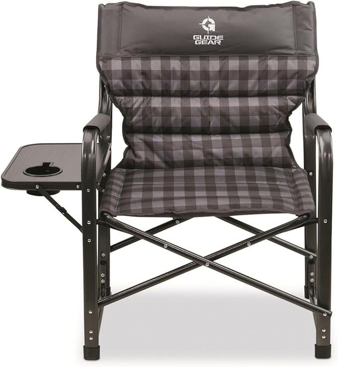 Guide Gear XL Comfort Padded Director’s Camp Chair; 400-lb. Capacity, for Camping, Fishing or by the Beach and Swimming Pool Gray Plaid