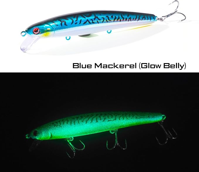 LITTMA California Surf Fishing Lures Saltwater Jerkbait Crankbait Surf Minnow 110/125 - Metallic Sardine Super Glow & Pearl Pink Belly Glow Lures for Halibut & Striper Fishing