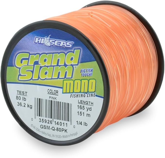 HI-SEAS Grand Slam Monofilament Fishing Line - Strong & Abrasion Resistant in Clear, Pink, Green, Smoke Blue, Fluorescent Yellow Freshwater & Saltwater – Quarter Pound Spool