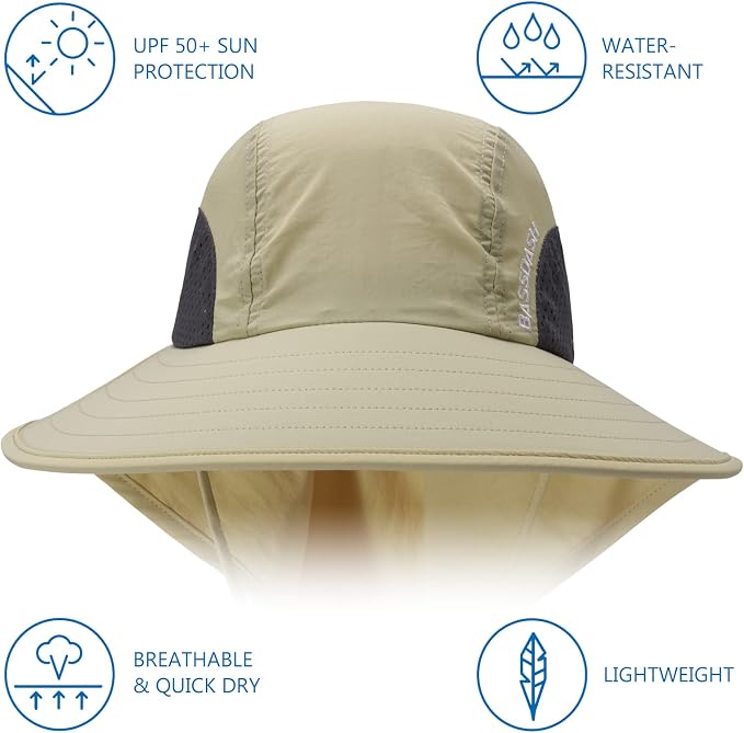 BASSDASH UPF 50+ Unisex Water Resistant Wide Brim Sun Hat with Large Neck Flap Ponytail Fishing Hat for Men Women