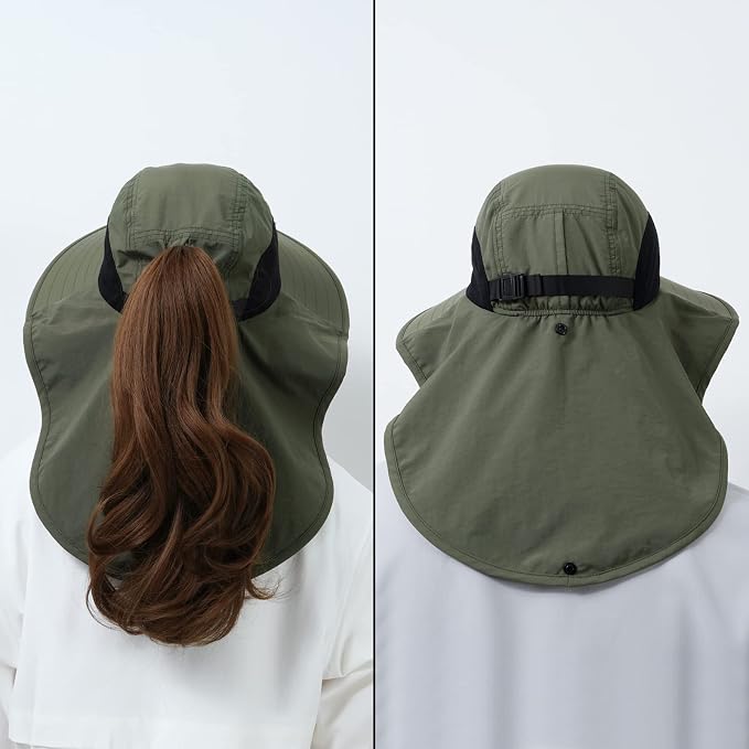 BASSDASH UPF 50+ Unisex Water Resistant Wide Brim Sun Hat with Large Neck Flap Ponytail Fishing Hat for Men Women