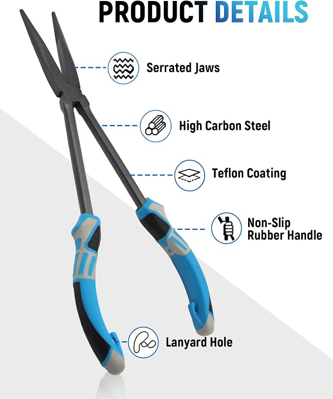 11" Long Nose Fishing Pliers, Straight & Bent Jaws, PTFE Coated Corrosion Resistant, Hook Remover & Braid Cutter Fishing Needle Nose Pliers, Saltwater Freshwater Gear for Bass Snook Trout