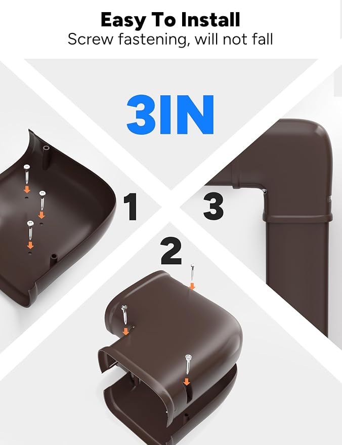 Brown Flat Elbow, Flexible Level Bend Cover Line Set Cover Kit Accessories for Ductless Air Conditioners and Heat Pumps, PVC Decorative Upgraded UV-Proof Strong& Durable (3" Fixed)