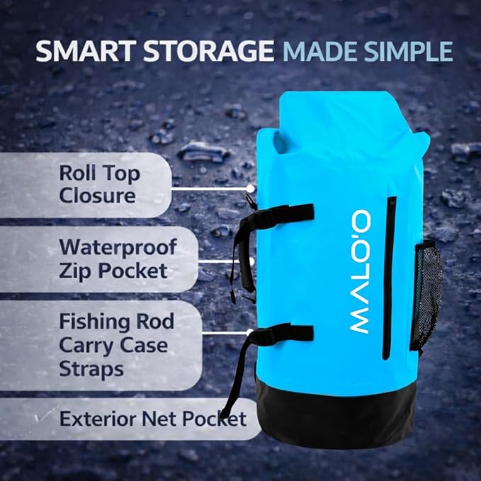 Malo’o 45L Waterproof Dry Bag Backpack – Heavy Duty Roll Top Fishing & Beach Backpack, IPX6 Water Resistant Gear Bag for Kayaking, Camping, Surf, Travel & Outdoor Adventure