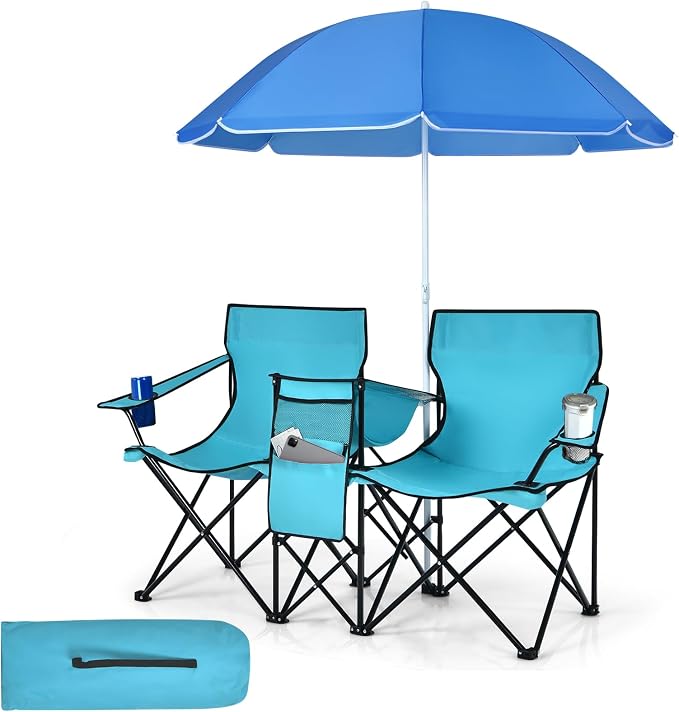 Tangkula Double Camping Chairs with Umbrella, Portable 2 Seat Folding Camp Chair with Cooler Bag, Beverage Holder, Carrying Bag, Foldable Lawn Chair for Outside, Fishing, Picnic, Beach