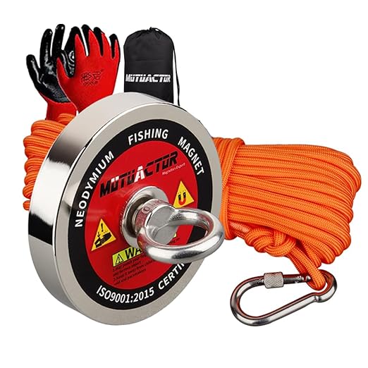MUTUACTOR Fishing Magnet Kits Heavy Duty,1200lb Super Strong Noedymium Rare Earth Magnets with 65Ft Rope,Anti-Slip Gloves,Waterproof Bag,Plastic Scraper for Retrieving Treasure in Rivers