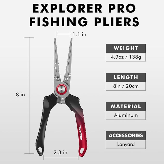 TRUSCEND Easy Use Lockable Fishing Pliers with Tungsten Carbide Cutter, Innovative Ergonomic Handy Handle, Saltwater Corrosion Resistant Teflon Coated Fishing Tool, Light Multi-Function Fishing Gear