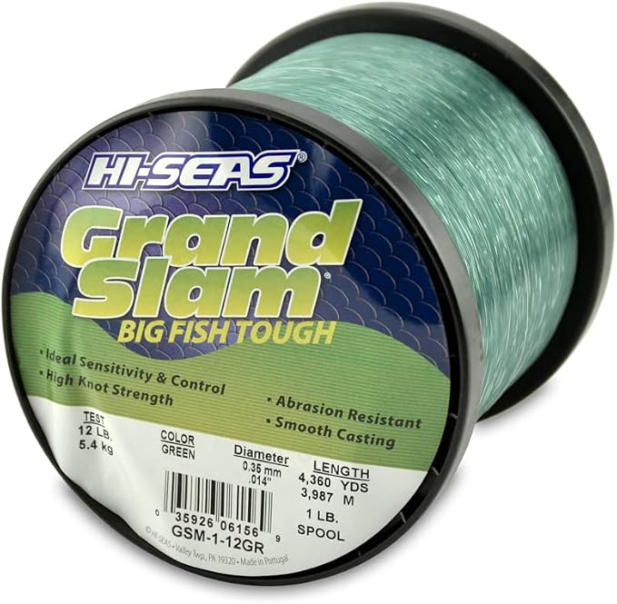 HI-SEAS Grand Slam Monofilament Fishing Line - Strong & Abrasion Resistant in Clear, Pink, Green, Smoke Blue, Fluorescent Yellow Freshwater & Saltwater - 1 lb Spool