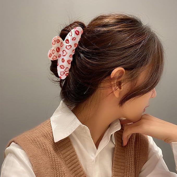 Heart Hair Claw Clips for Thick or Thin Hair, 1 Pack Red Heart Lips Pattern Hair Clips Valentine's Hair Accessories Large Acrylic Heart Shape Jaw Clips Strong Hold Clamp Clips for Women