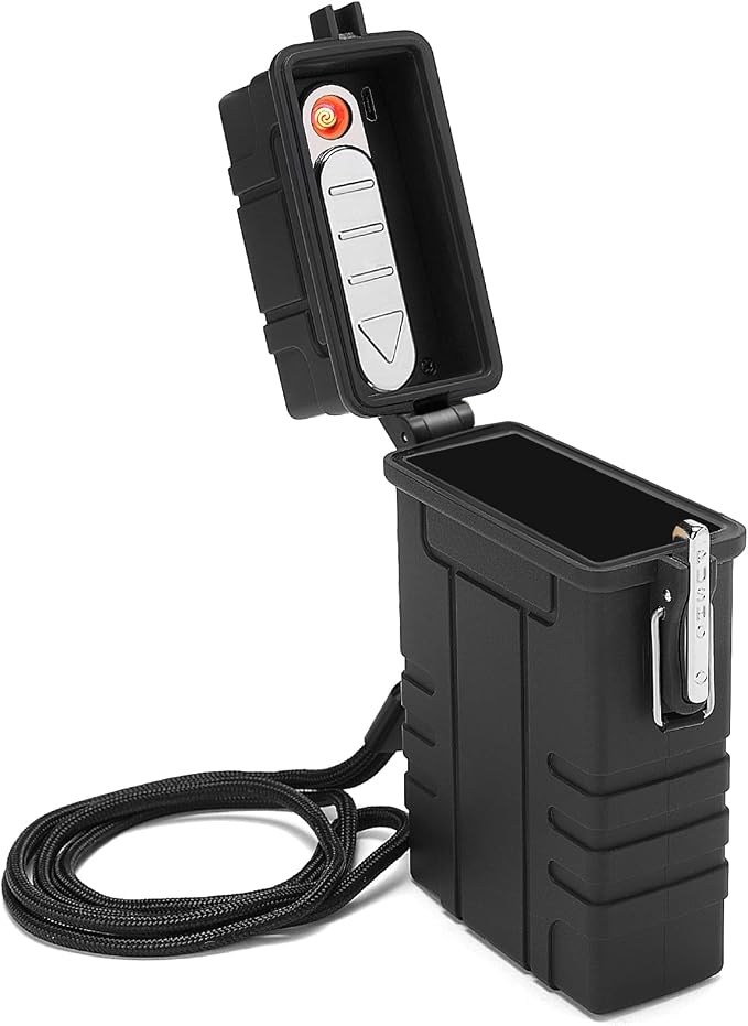 Waterproof Case with USB Rechargeable Electric Lighter, Airtight Holder Case for Whole Package 20pcs 84mm Size, Match Seal Storage Dry Box, EDC Survival Container for Fishing Kit, Camping