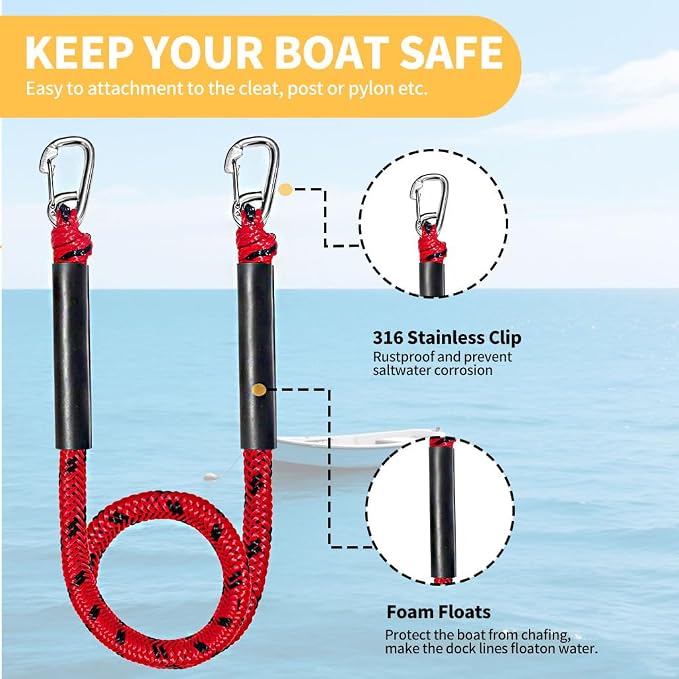 Bungee Boat Dock Line, Boat Rope with Double 316 Stainless Steel Clips Accessories for Bass Boat, Kayak, Pontoon, Watercraft, Waverunner, SeaDoo, Canoe,2Packs,4-6FT,Red&Black