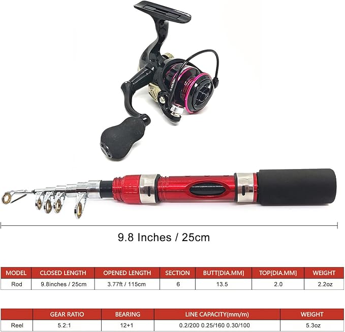 Portable Small Telescopic Fishing Rod and Reel Combo with Bag, Compact Only 9.8 Inches Collapsible Fishing Pole Kit for Saltwater and Freshwater Ice Fishing