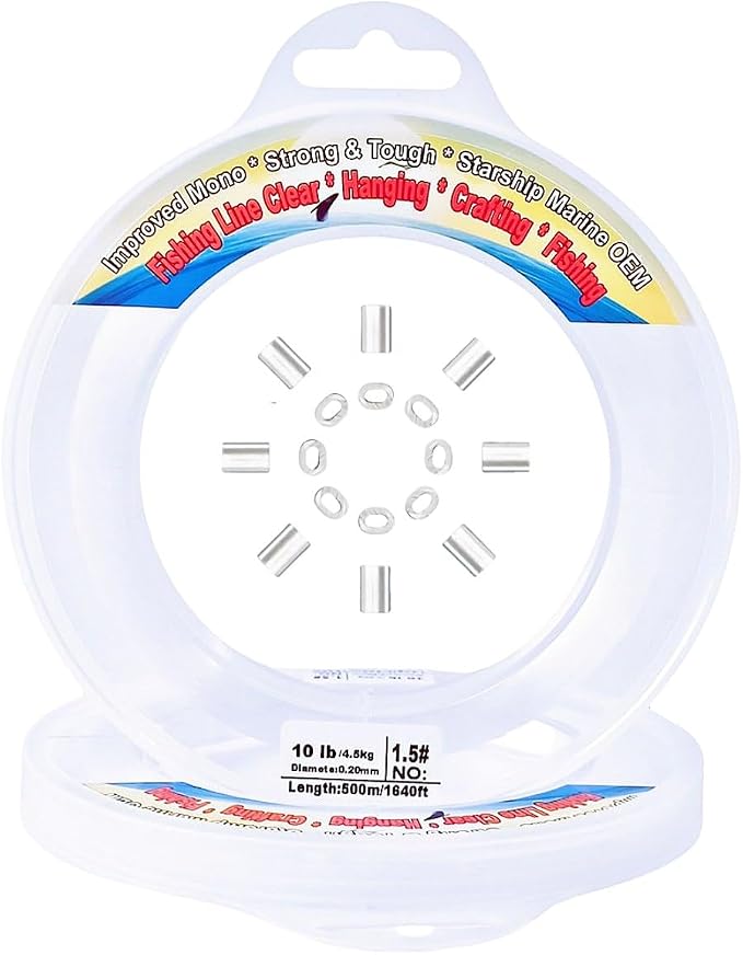 Aboda Clear Fishing Line 0.2-1 mm, Strong Invisible Nylon Fishing Wire 8-100 lb Test Includes Crimp Sleeves, Clear String for Hanging Decorations Balloons Garlands Crafts & Jewelry