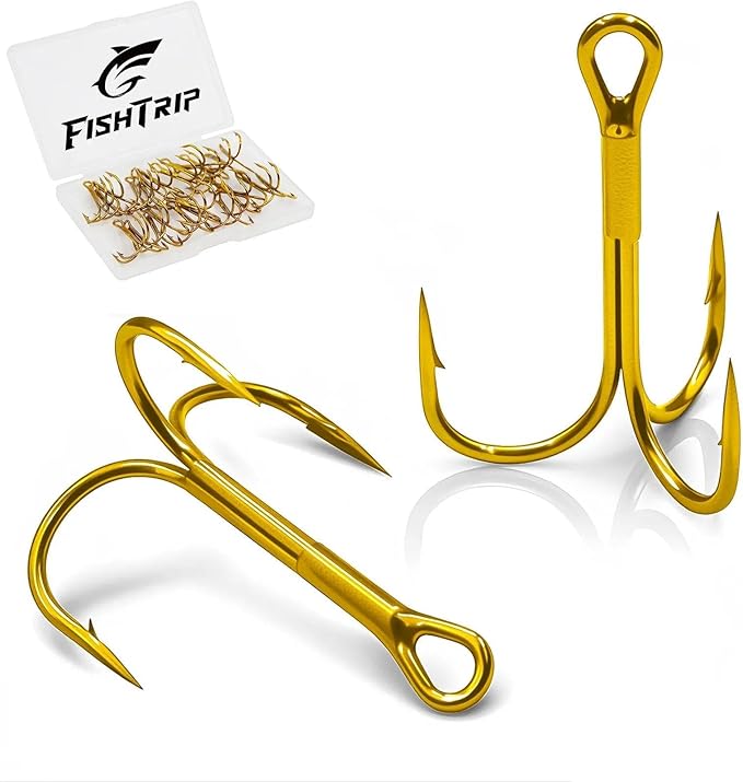 FishTrip 25pcs Fishing Treble Hooks, High Carbon Steel Triple Fishing Hooks with Ultra Brabed Sharp for Saltwater Freshwater Gold, Treble Hook for Bass Trout Fishing Lures Replacement Size 14-4/0