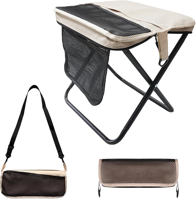 Portable Collapsible Stool, Large Camping Chair Supports 260 lbs, Adjustable Shoulder Strap Folding Stool, Ultralight Collapsible Stools with 3pcs storage bags for Hiking, Fishing, Outdoor (Khaki)