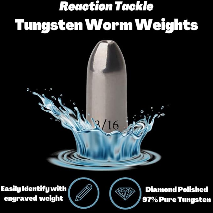 Reaction Tackle Tungsten Worm Weights for Bass Fishing - Bullet Shaped Sinkers/Fishing Weights - for Texas Rig and Carolina Rig/Size Stamped