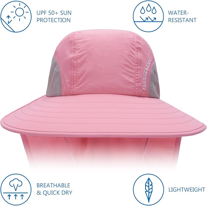BASSDASH UPF 50+ Unisex Water Resistant Wide Brim Sun Hat with Large Neck Flap Ponytail Fishing Hat for Men Women