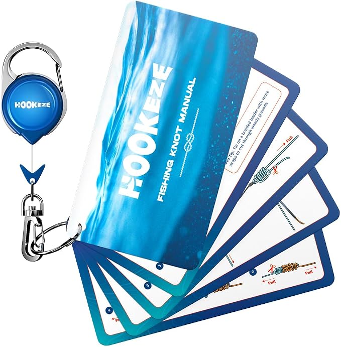 HOOK-EZE Fishing Knot Tying Cards, Waterproof Pocket Guide to 12 Essential Knots with Zinger Retractor, Fishing Gifts Gear Accessories for Men & Cool Gadgets Stuff Suppliers Tool for Beginner