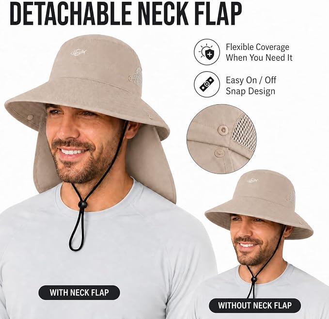 Palmyth Fishing Hat with Detachable Neck Flap UPF 50+ Sun Hats for Men, Breathable Mesh UV Protection for Fishing Hiking