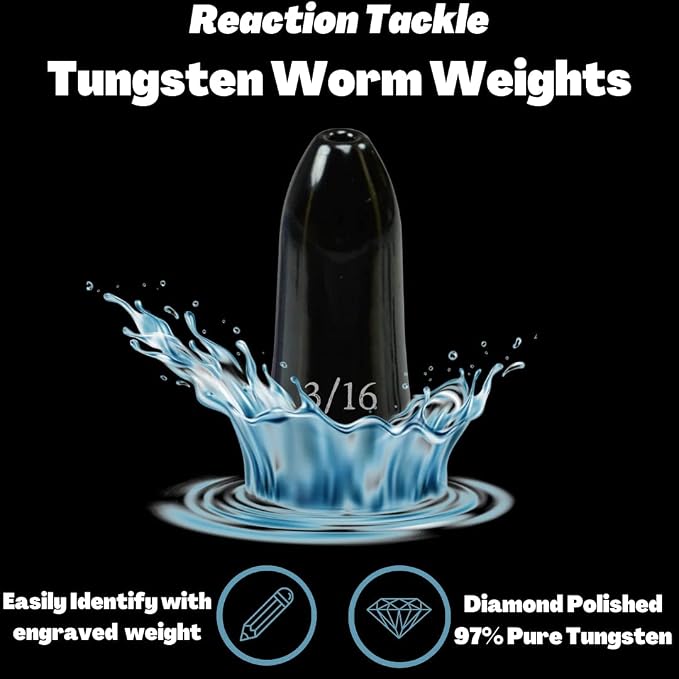 Reaction Tackle Tungsten Worm Weights for Bass Fishing - Bullet Shaped Sinkers/Fishing Weights - for Texas Rig and Carolina Rig/Size Stamped