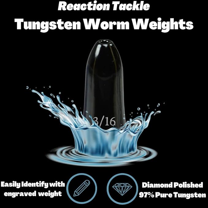 Reaction Tackle Tungsten Worm Weights for Bass Fishing - Bullet Shaped Sinkers/Fishing Weights - for Texas Rig and Carolina Rig/Size Stamped