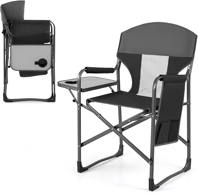 COSTWAY Oversized Folding Camping Chair with Padded Seat, Side Table, Cup Holder & Storage Pocket, Heavy-Duty Portable Director's Chair for Beach, Fishing, Picnic & Sports, Supports 400 lbs (Black,1)