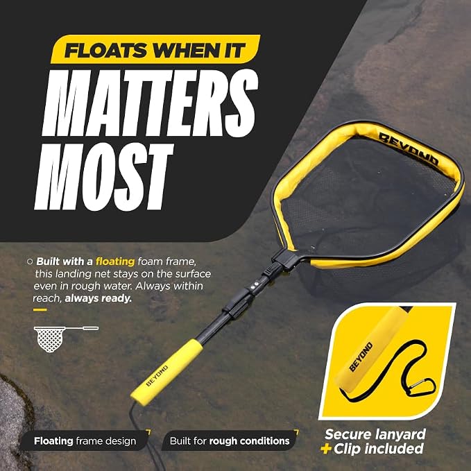 Beyond Braid Floating Fishing Net with Handle – Folding Fishing Net for Easy Storage – Telescopic Landing Net for Bass, Trout, Kayak & Boat Fishing – Durable, Lightweight & Fish Friendly