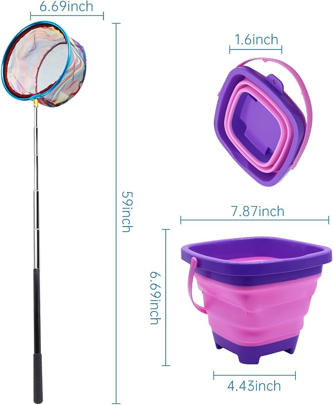 2PCS Fishing Net with Bucket, Telescopic Fishing Landing Net, Collapsible Youth Sand Bucket, Youth Fish Butterfly Catching for Freshwater Saltwater Outdoor Activities