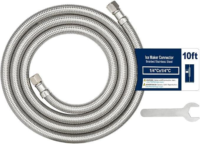 10ft Ice Maker Water Line Stainless Steel Braided – Flexible Refrigerator Water Supply Tube with 1/4" Quick Connect Fitting, Universal Fit