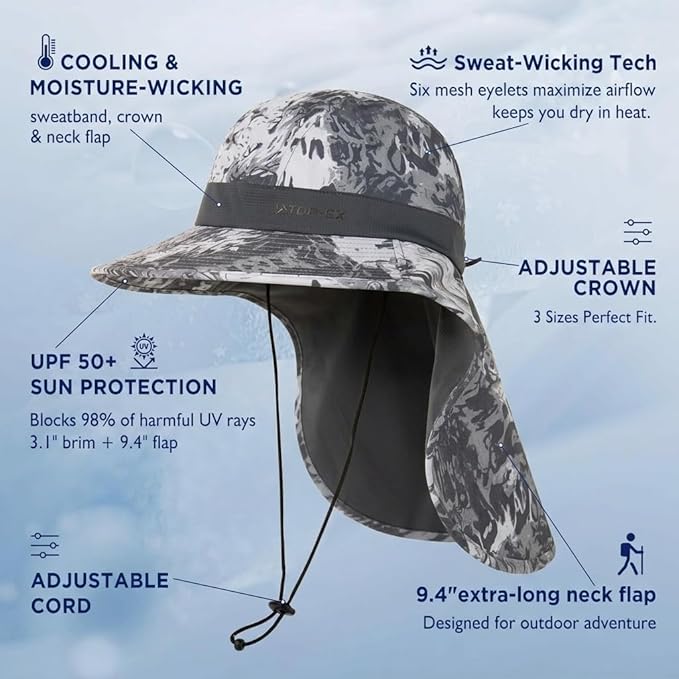 TOP-EX Cooling Sun Hat with Neck Flap – UPF 50+ Wide Brim Breathable Hat for Hiking, Fishing & Big Heads