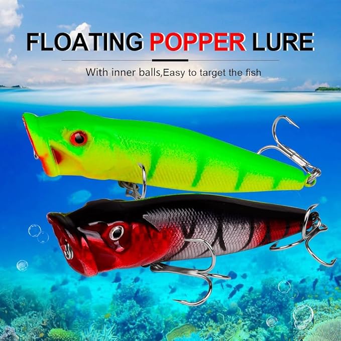 5pcs 9cm 3D Eyes Hard Baits Floating Topwater Popper Lures with Treble Hooks, Mixed Colors, ABS & High Carbon Steel, Targeting Pike, Bass, Salmon