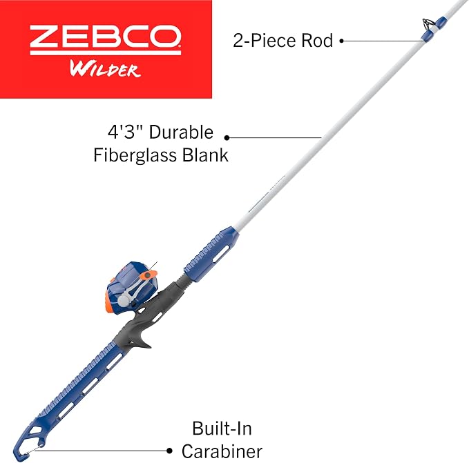 Zebco Wilder Fishing Reel and Rod Combo, 4'3" Durable Fiberglass Rod with Built-In Carabiner, Patented No-Tangle Reel, Pre-Spooled with 6-Pound Zebco Cajun Fishing Line