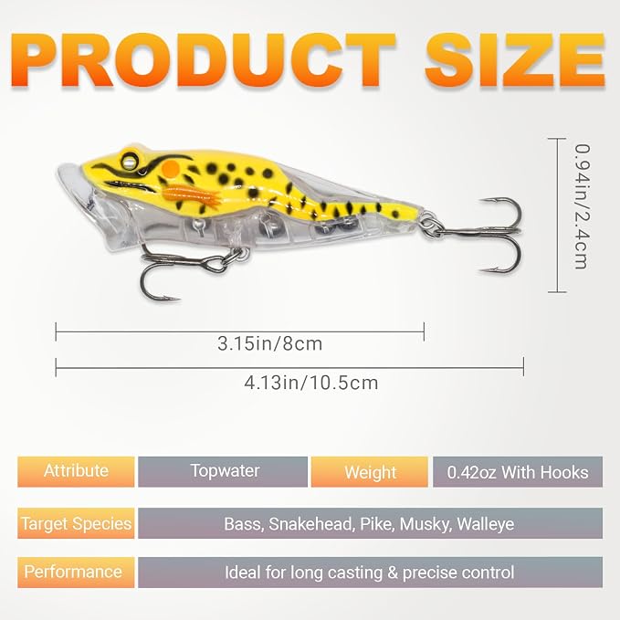 Stonefish 3pcs Popper Topwater Fishing Lures with Treble Hooks, Whopper Floating Splashing Popper with Rattles, Freshwater Saltwater Lures for Bass