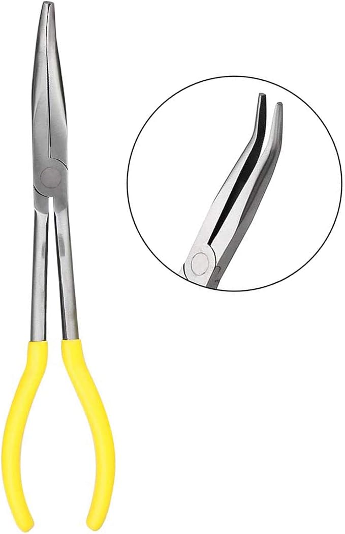 11 Inch Long Reach Long Nose Pliers | Designed for Mechanics, Technicians, and Contractors | Work with Delicate or Difficult-to-Reach Pieces | Milled-Jaws | Steel “45 Degree Bent Nose Plier