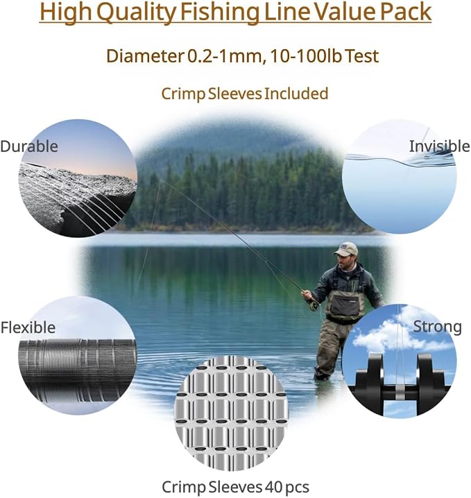 Aboda Clear Fishing Line 0.2-1 mm, Strong Invisible Nylon Fishing Wire 8-100 lb Test Includes Crimp Sleeves, Clear String for Hanging Decorations Balloons Garlands Crafts & Jewelry