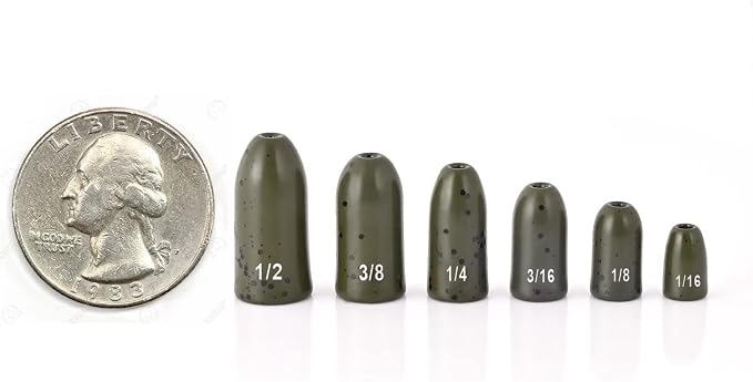 12 Pack Tungsten Bullet Fishing Weights, Insert Free Worm Sinkers, 1/8 3/16 1/4 3/8 1/2 oz
