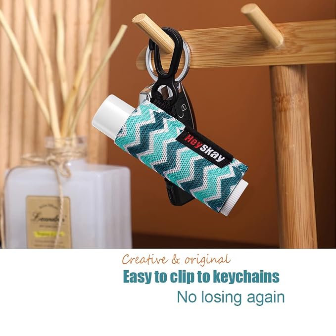 HEYSKAY 3PCS Lip Balm Holder Sleeves Keychain Chapstick Holder Keychain Lip Gloss Holder Keychain Chapstick Elastic Sleeves(Black/Color strip/Geometrical pattern)