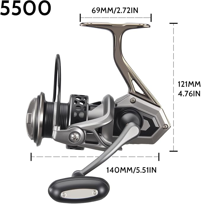 AG Spinning Reel, Freshwater and Saltwater Spinning Fishing Reels, 5+1BB, 22LBs Max Drag, 5.2 Gear Ratios, CNC Aluminum Spool & Handle