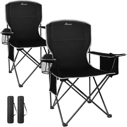 Romswi Lightweight 2Pcs Camping Chairs for Adults 400LBS Capacity, Folding Lawn Chair with 4-Can Cooler Bag, Cup Holder,Collapsible Portable Outdoor Chair for Tailgating, Beach, Fishing,Black