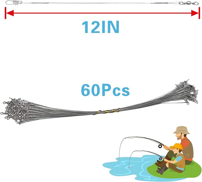 Benykyo Fishing Leader 40 lb High Strength Fishing Leaders with Swivels and Snaps，Steel Fishing Leaders Freshwater & Saltwater，Silver 60Pcs