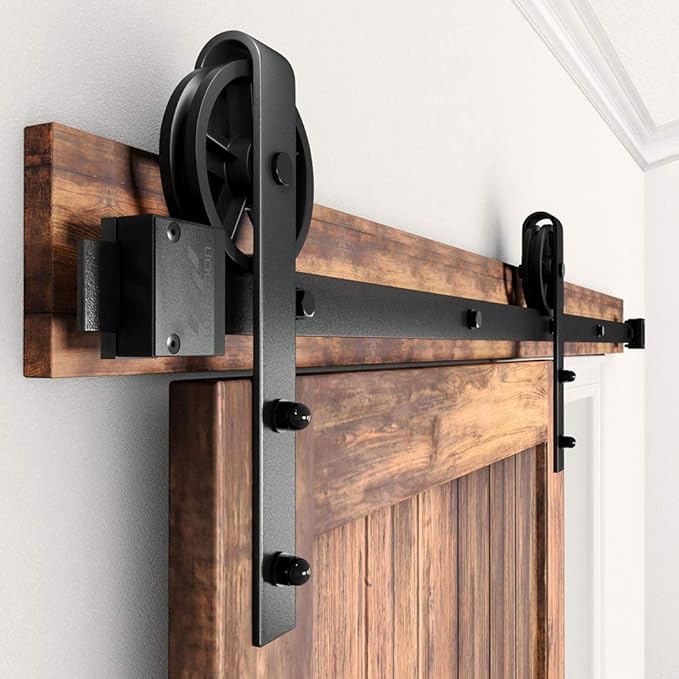 WINSOON 5-16FT Single Wood Sliding Barn Door Hardware Basic Black Big Spoke Wheel Roller Kit Garage Closet Carbon Steel Flat Track System (10FT)