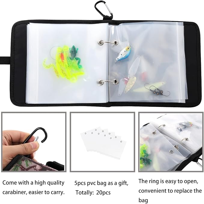 Fishing Tackle Binder Lure Biat Organized Storage Bag for Soft Worms Rigs Jigs and Lines Fishing Tackle Wallet Case with 15+5pcs Transparent Thickened Ziplock Bag (Tree Camouflage)