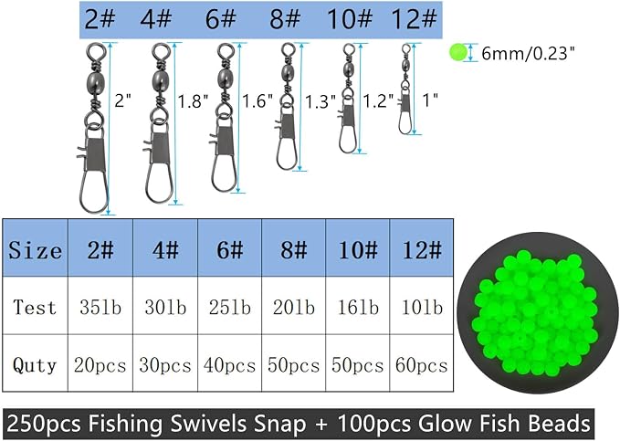 Drchoer Fishing Barrel Swivels with Snap Kit: 350pcs/box Interlock Snap Swivel Size 2# 4# 6# 8# 10# 12# and Beads Set for Saltwater Freshwater Fishing Line Hook Connector