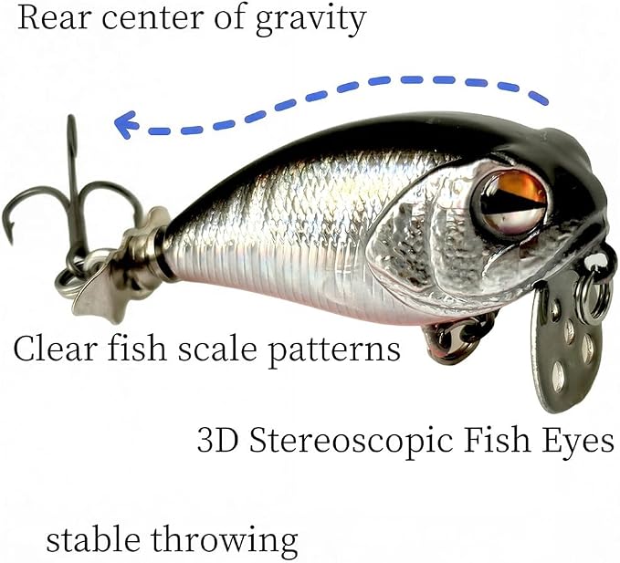 Top Water Fishing Lures with Metal Bubble Baffle & Tail Propeller - Saltwater & Freshwater Bass Trout Lures - 3D Eyes & Lifelike Scales - ABS Body