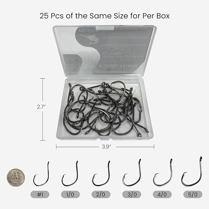 Pristis 25 Pack High Carbon Steel Fishing Hooks, Reinforced EWG Circle Octopus Round Bend 60 Degree Wide Gap Strong Barbed Worm Fish Hook Jig Bait Rig for Saltwater Freshwater Bass Tuna Walleye Trout