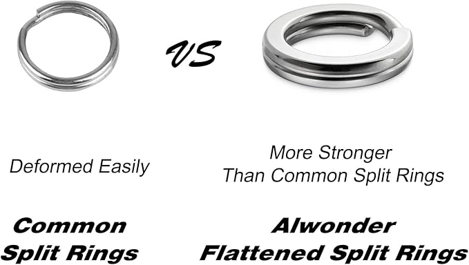 Alwonder 100-Pack Fishing Split Rings Stainless Steel Lure Rings, 9-400LB Hyper Wire Fishing Ring Heavy Duty Flattened Freshwater Saltwater Terminal Tackles Lure Solid Snap Ring Connectors