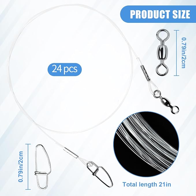 Fishing Fluorocarbon Leader with Swivel and Snaps ，Fluorocarbon Leader Connects Lures, Bait, or Connects Hooks for Saltwater & Freshwater Fishing, 12/24 Pcs