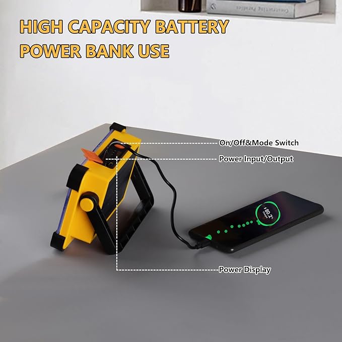 120W LED Solar Work Light, 144 LED 10000LM Portable Flood Light with Stand, 4 Modes Rechargeable, IP65 Waterproof Outdoor Working Light for Camping, Fishing, Car Repair & Mechanics (Yellow)