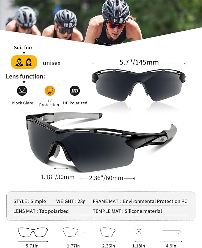 Rosemal Sports Sunglasses Polarized Cycling Sunglasses Running Driving Fishing Hiking for Men Women UV400 TAC TR90
