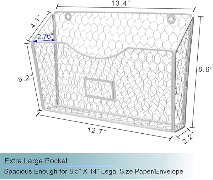 PAG 3 Pockets Hanging File Holder Wall Mount Mail Organizer Metal Chicken Wire Magazine Rack with Tag Slot, White